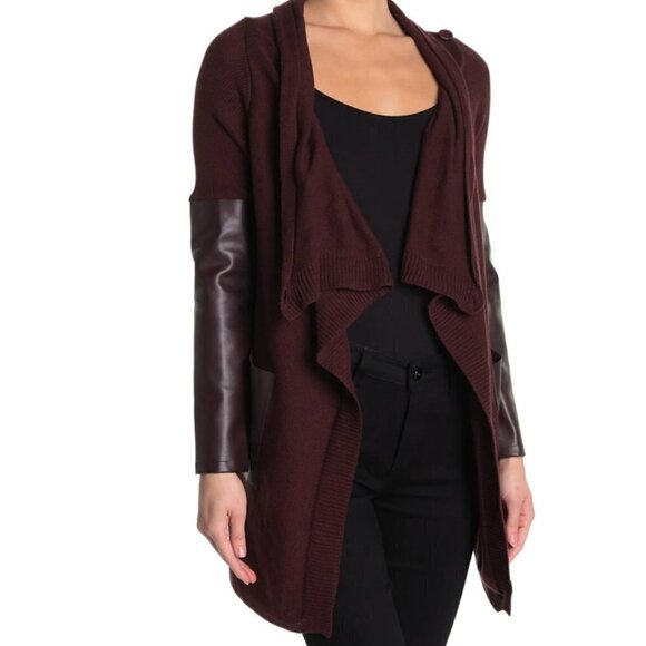 Blank NYC Faux Leather Trim High Low Cardigan Permanent Marker - Picture 1 of 12